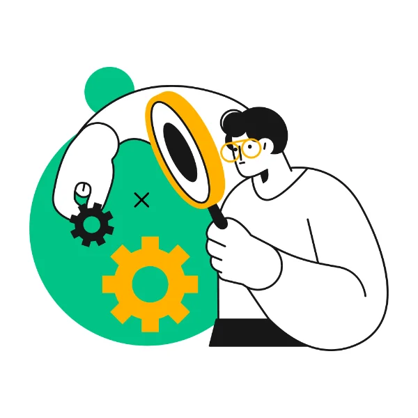 iSolutions Illustration_7_Magnify glass-gears man with magnifying glass inspecting how gears are put together