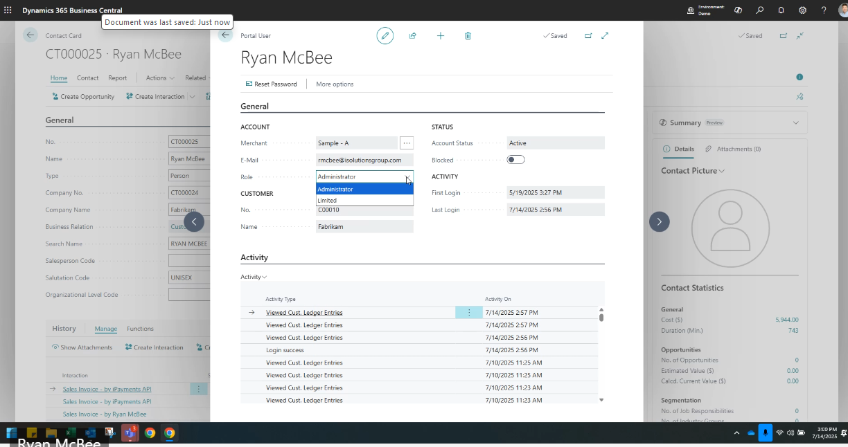 update user permissions to access customer portal for Dynamics 365 Business Central