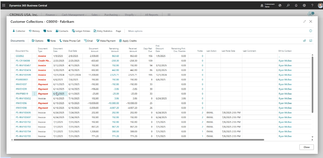 History of customers invoices and payments in Dynamics 365 Business Central