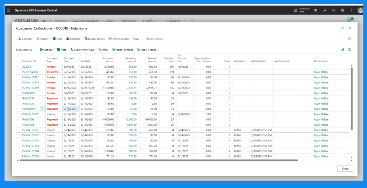 screenshot of collections history
