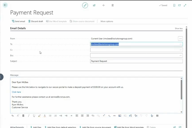 how to generate a payment request in Dynamics 365 Business Central