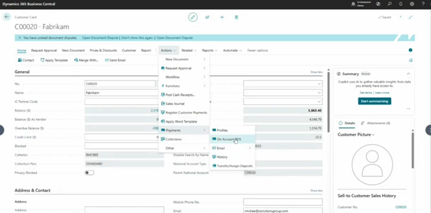 accept upfront prepayment in business central