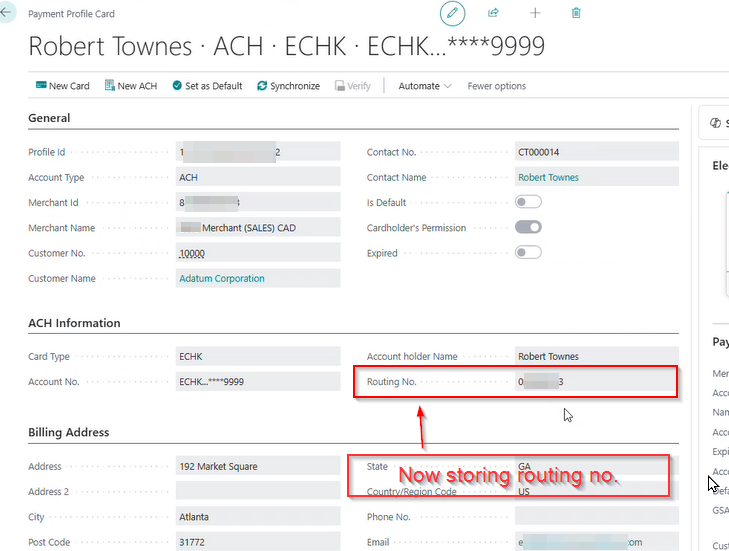 store the customer’s routing number directly on the payment profile card in Business Central
