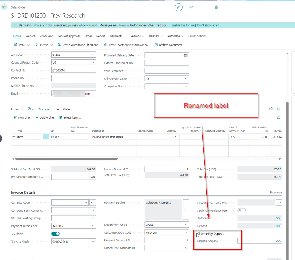 Click to Pay Deposit Field in Business Central