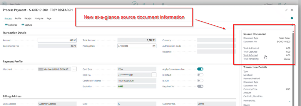 at a glance source document information in Business Central