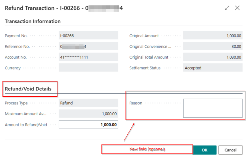 reason for refund in business central