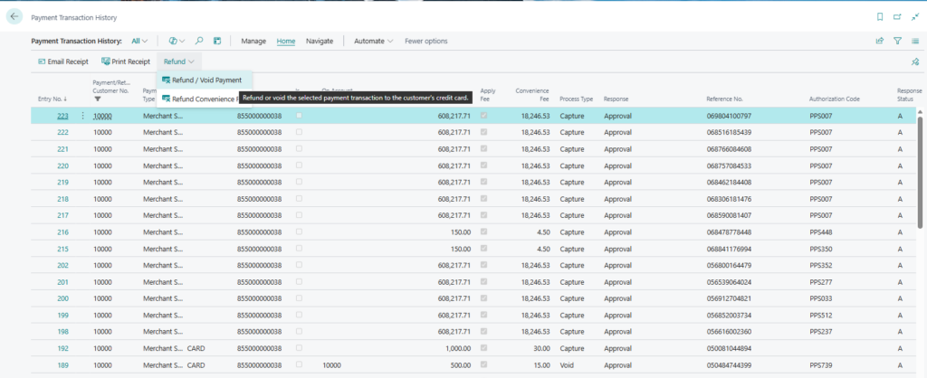 On the payment transaction history window you have the option to refund/void payment or refund convenience fee back to the customer’s credit card in Business Central
