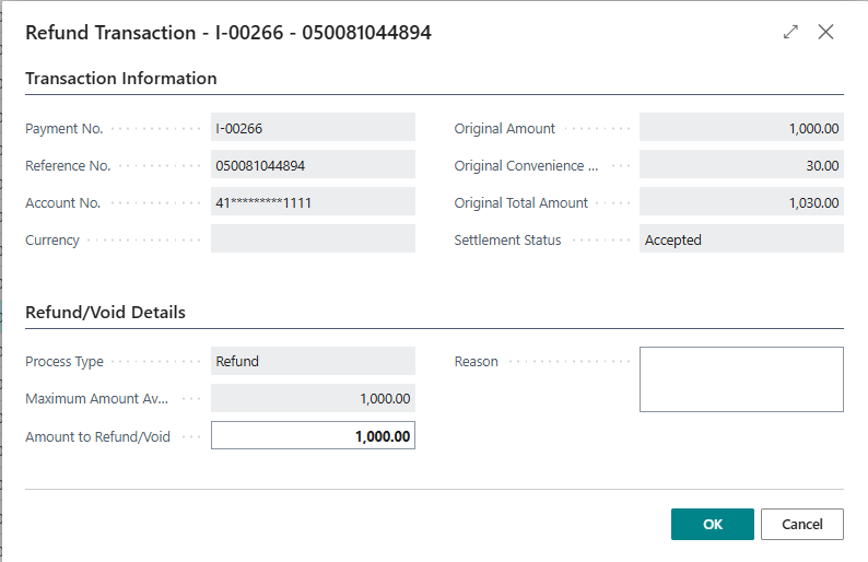 refund transaction window in Business Central