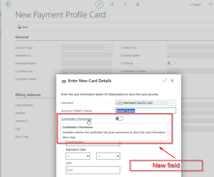 card holder permission to store financial information in business central