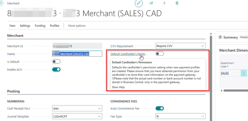 default cardholder permission in iPayments for Business Central