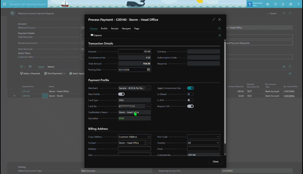process payments on national accounts in business central